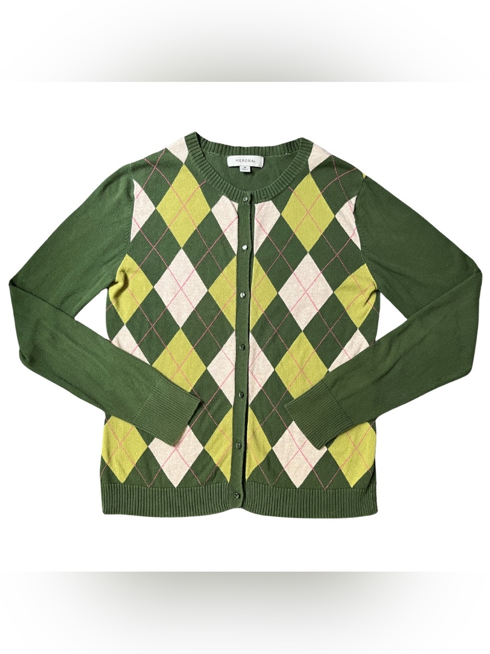 Merona Y2K Argyle Preppy Sweater Medium Lime Green Retro 2000s Academia Cardigan